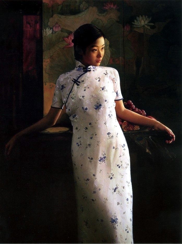 "In front of lily screen", painting by Liu Yuansou